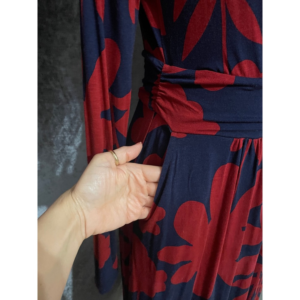 Boden Jersey Midi V-Neck Long Sleeve Dress Red Navy Floral US 6L - Picture 6 of 9
